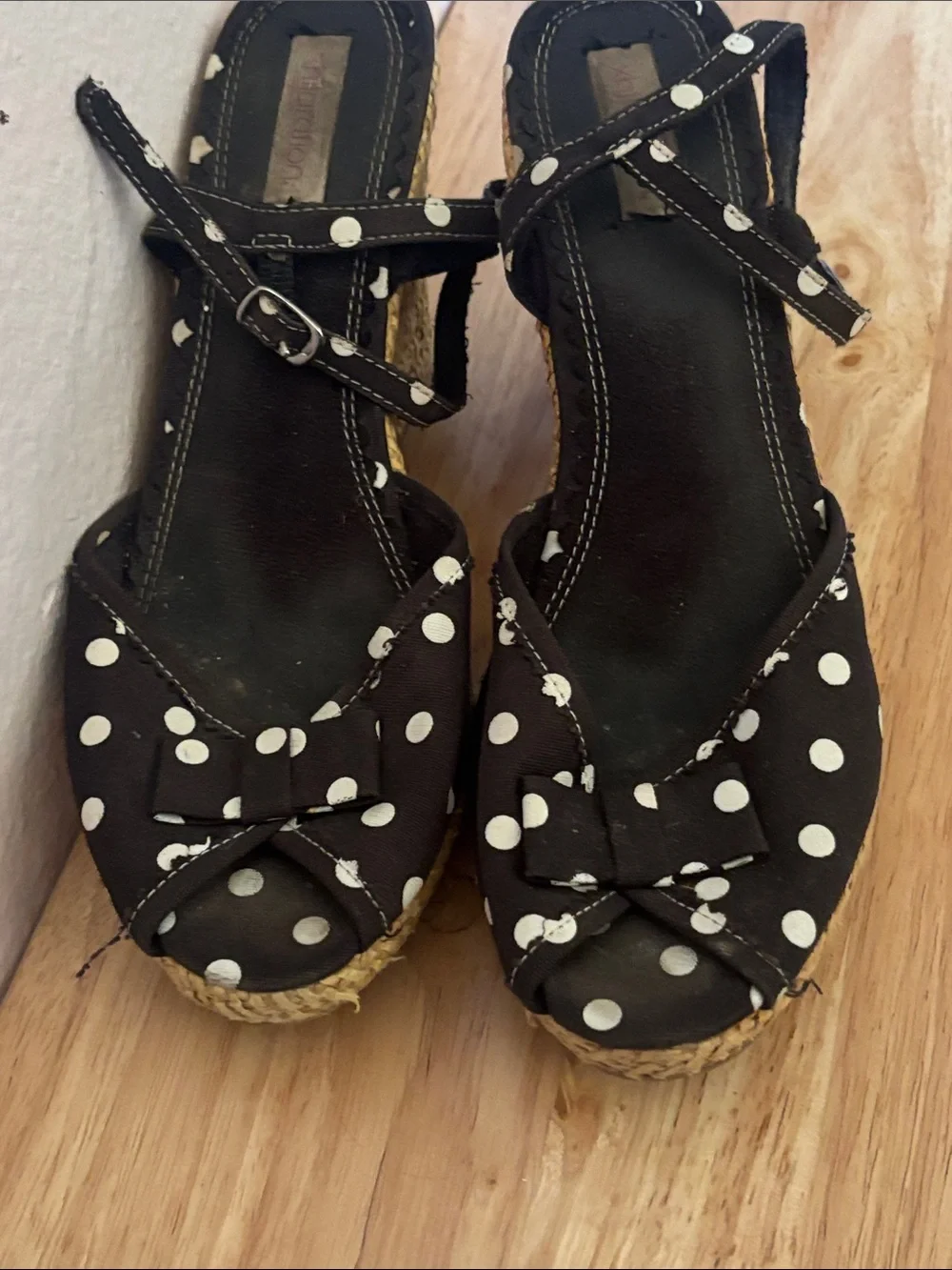 Black Polka Dot Pinup Wedge Sandals with Peep toe and Ankle Strap, Size 7